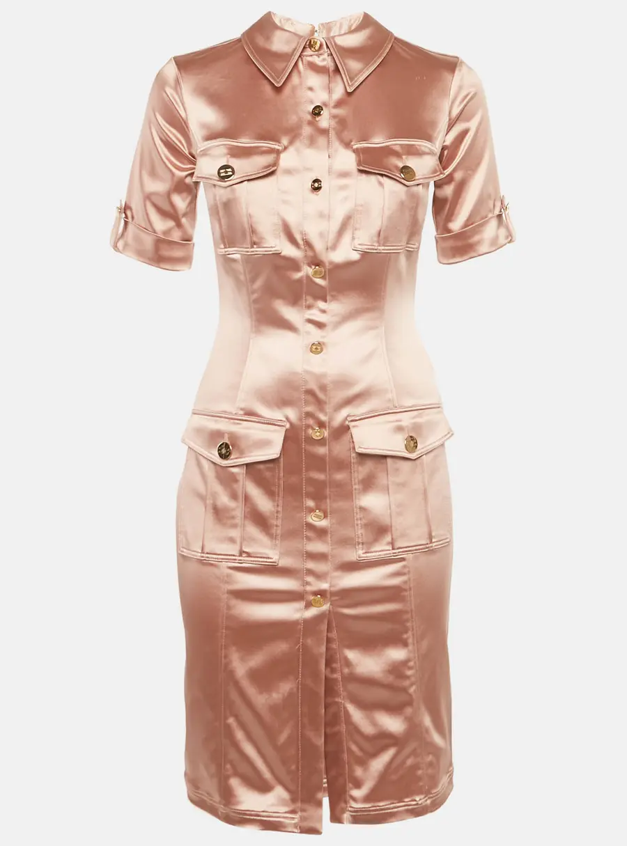 Elisabetta Franchi Pink Satin Button Front Mini Shirt Dress M