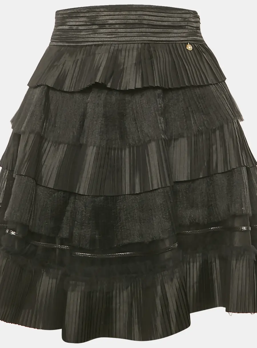 Elisabetta Franchi Black Tulle and Crepe Frill Tiered Mini Skirt M