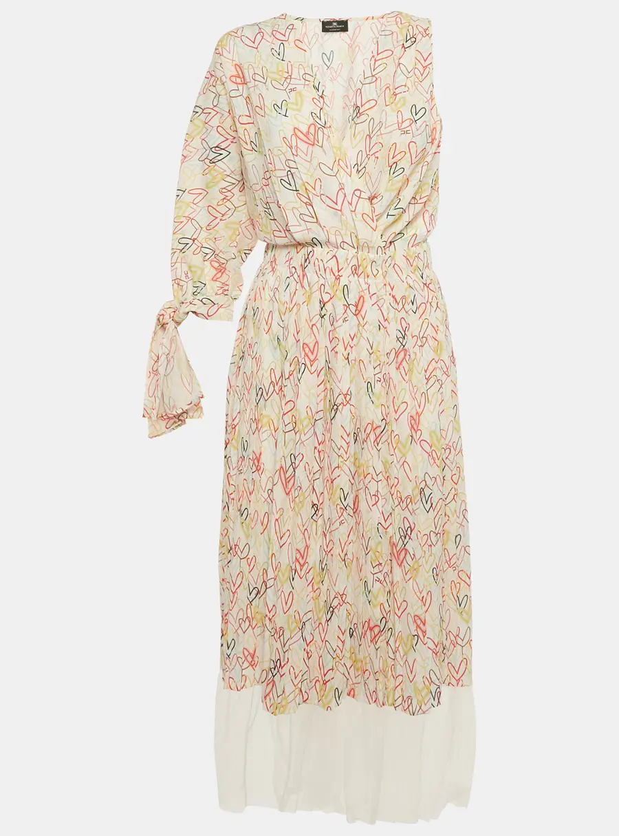 Elisabetta Franchi Multicolor Heart Print Crepe One Shoulder Midi Dress M