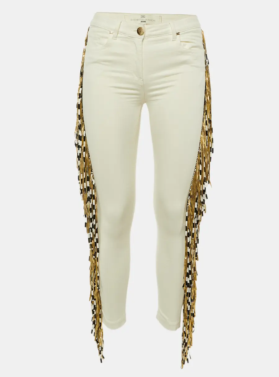 Elisabetta Franchi Jeans Ivory Denim Fringed Skinny Jeans S/Waist 29"