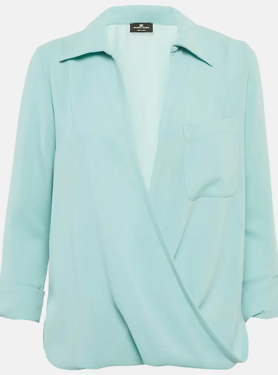 Elisabetta Franchi Blue Crepe Plunking Neck Blouse S