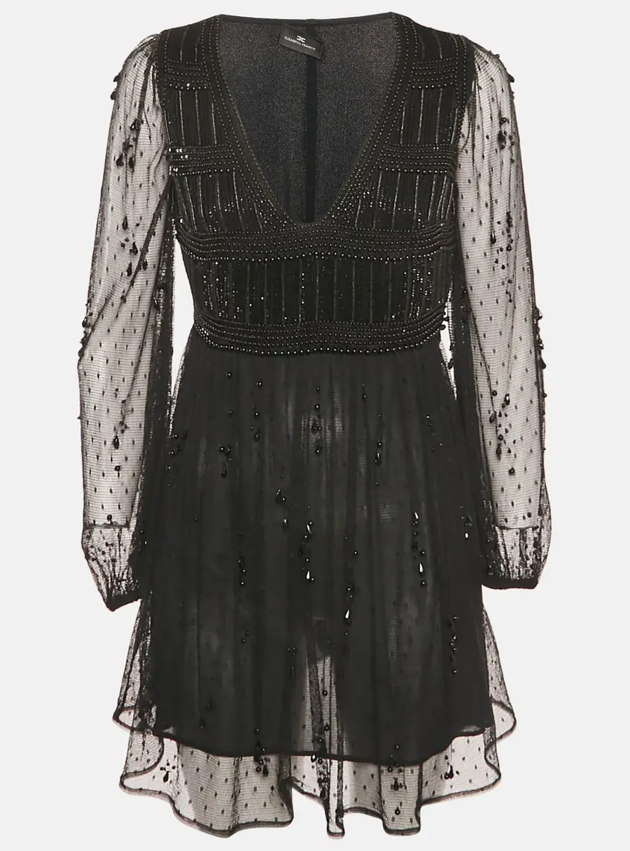 Elisabetta Franchi Black Tulle Embellished Mini Dress M