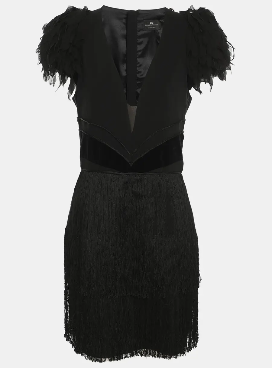 Elisabetta Franchi Black Floral Applique Fringe Mini Dress XL