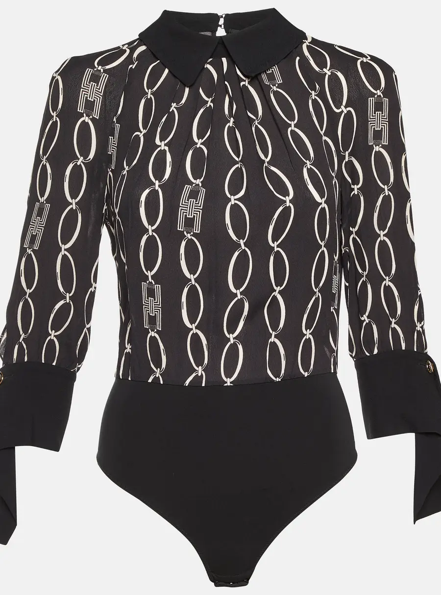 Elisabetta Franchi Black Logo Chain Print Crepe Long Sleeve Bodysuit M