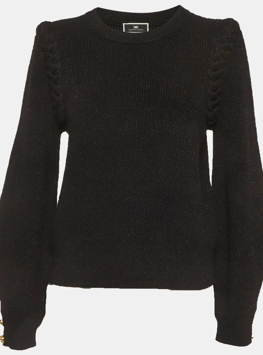 Elisabetta Franchi Black Rib Knit Braided Trim Sweater L