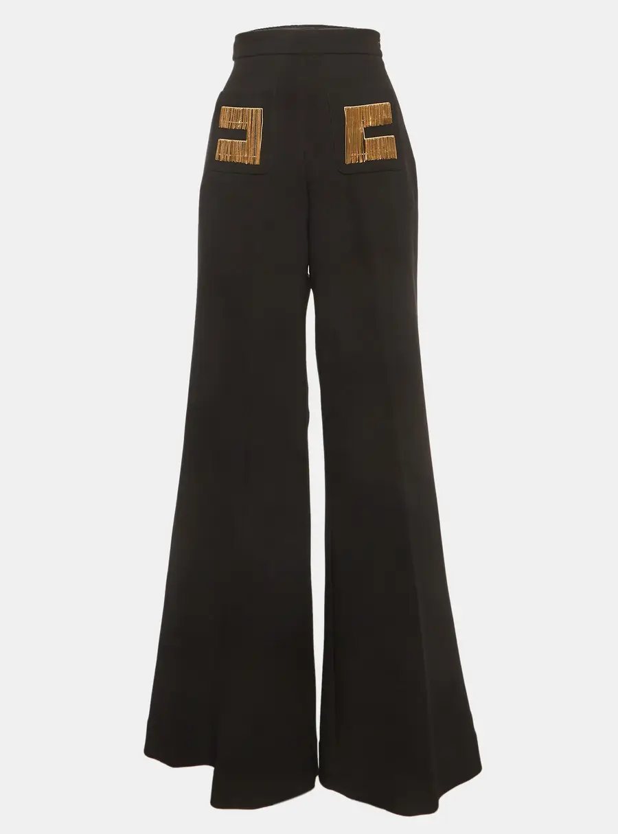 Elisabetta Franchi Black Stretch Crepe Bell Bottom Pants M