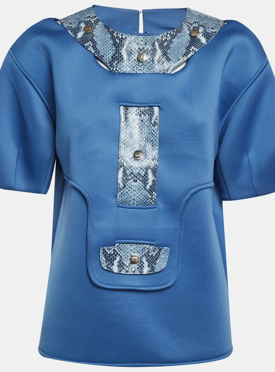 Elisabetta Franchi Blue Snake Print Detail Neoprene Short Sleeve Top M