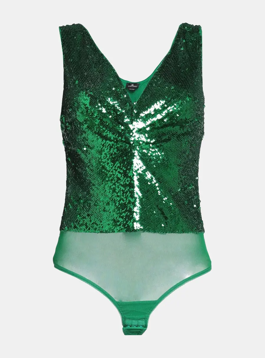 Elisabetta Franchi Green Sequin Tulle Sleeveless Bodysuit S