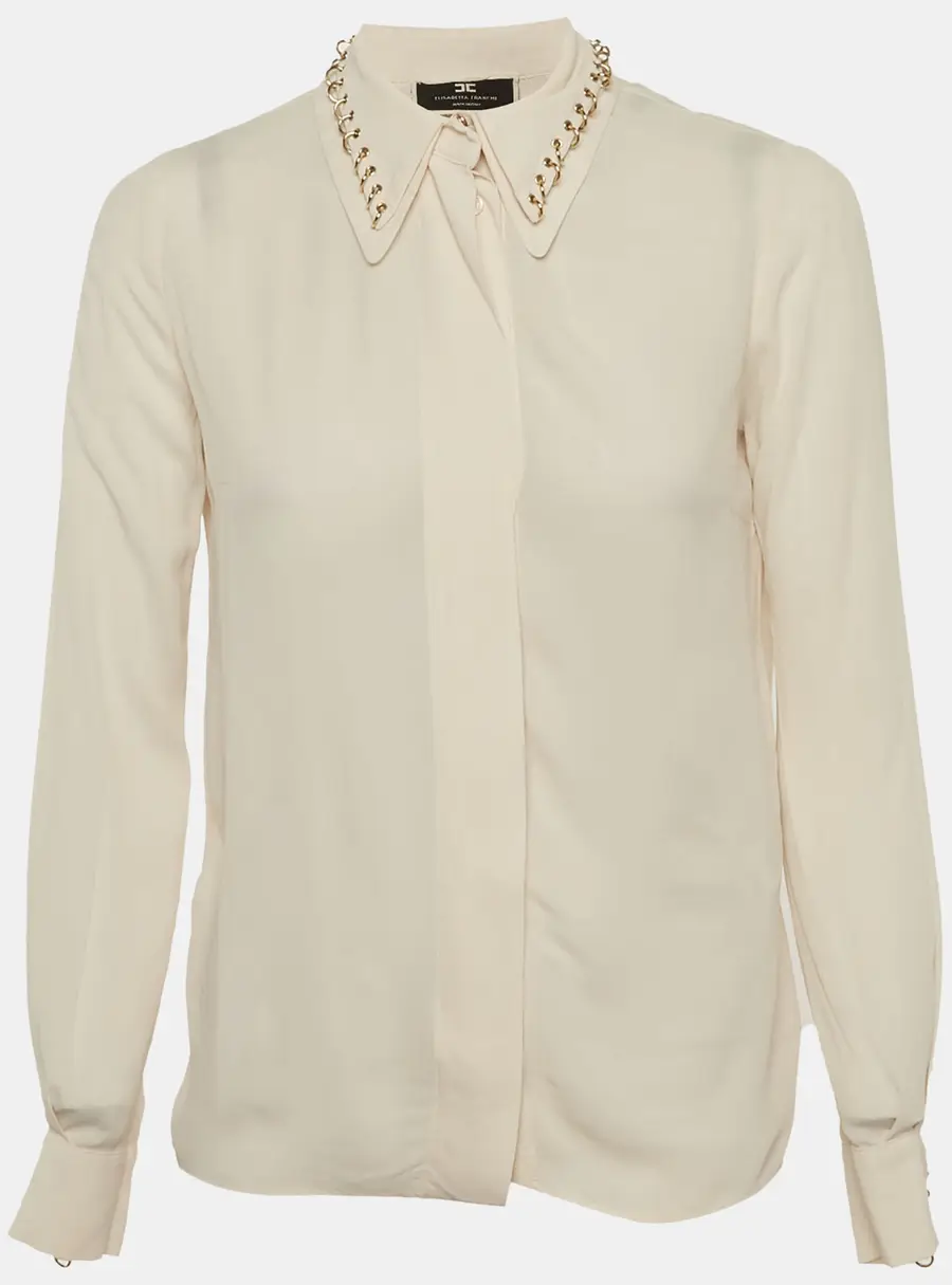 Elisabetta Franchi Beige Crepe Studded Collar Shirt S
