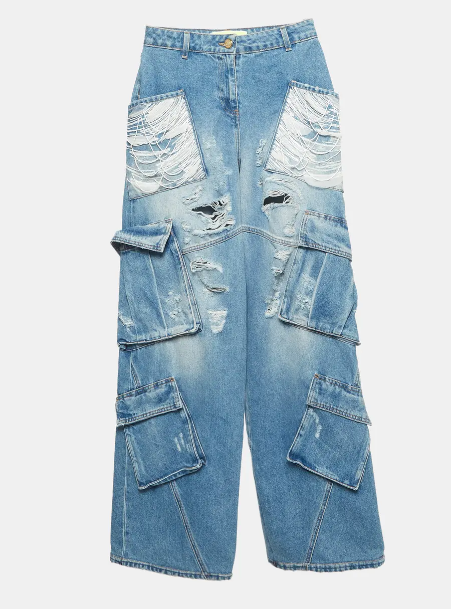 Elisabetta Franchi Blue Denim Sequined Cargo Jeans S/Waist 27"