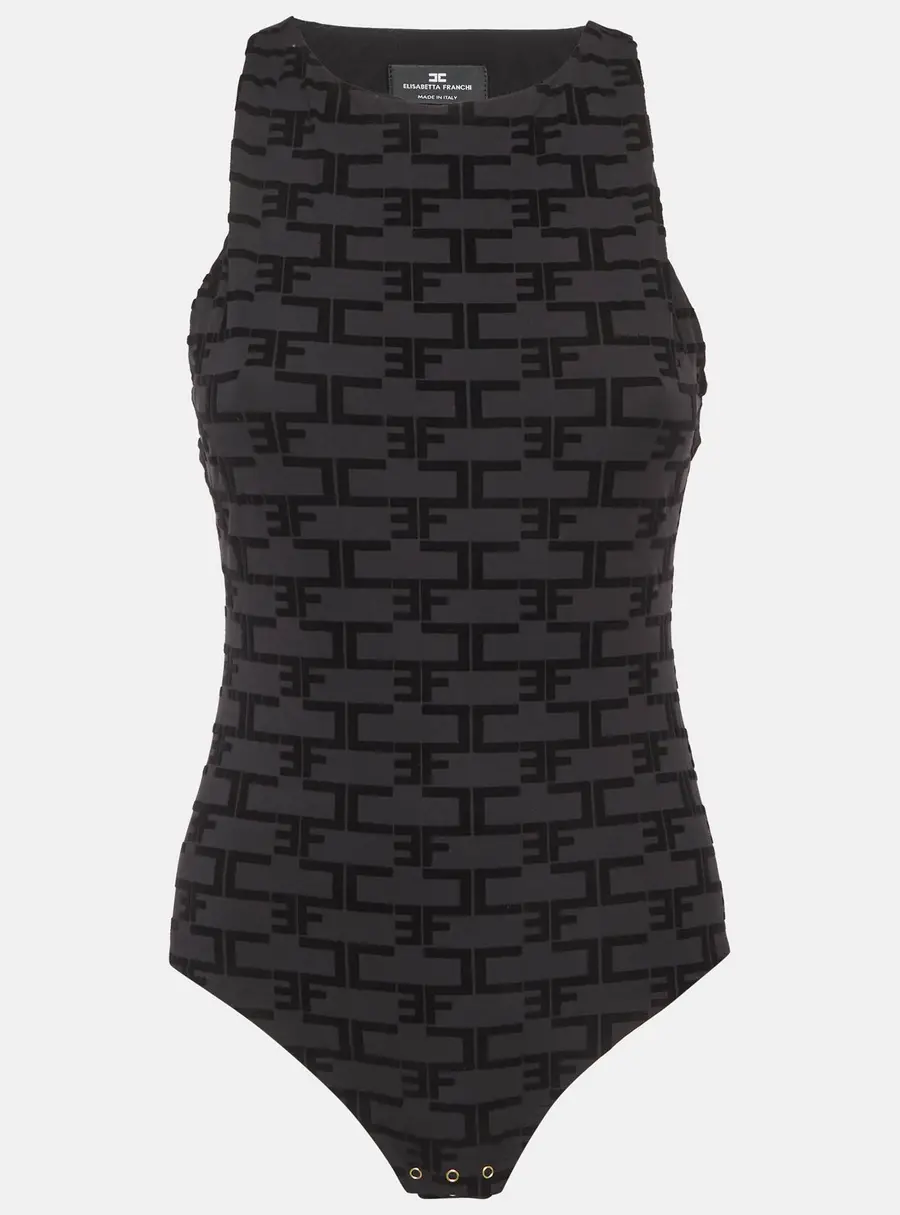 Elisabetta Franchi Black Logo Flocked Stretch Knit Tank Bodysuit L