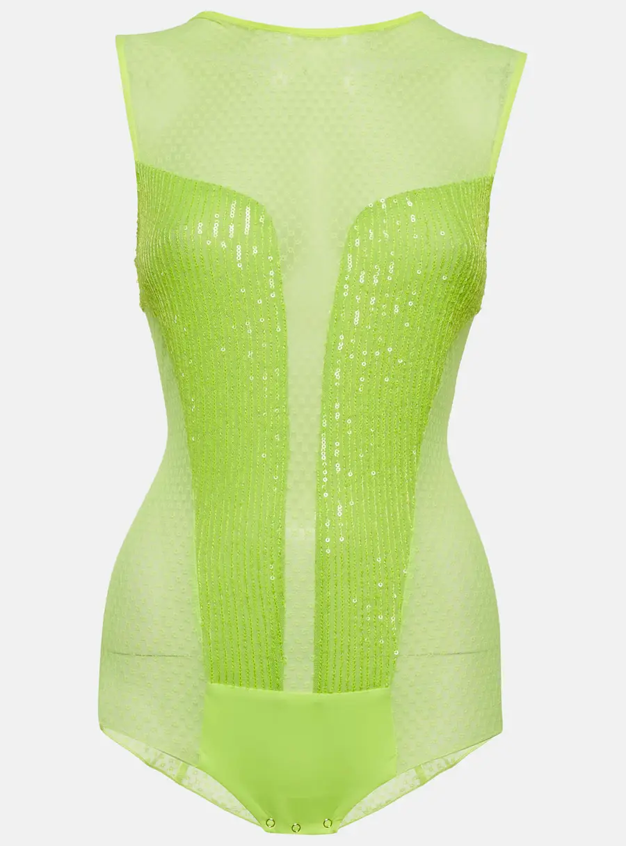 Elisabetta Franchi Neon Green Mesh Sequin Bodysuit M