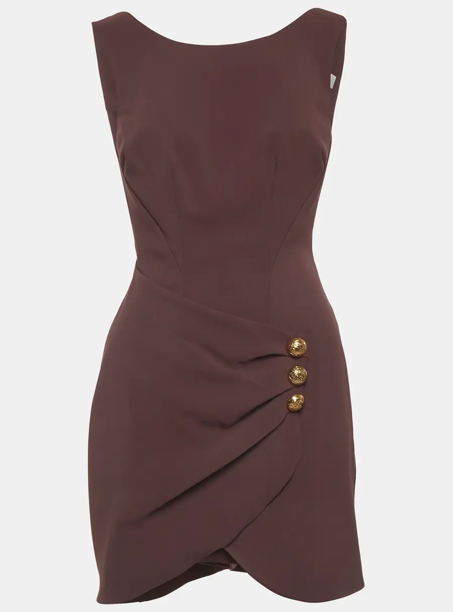 Elisabetta Franchi Brown Stretch Crepe Draped Merlot Mini Dress S