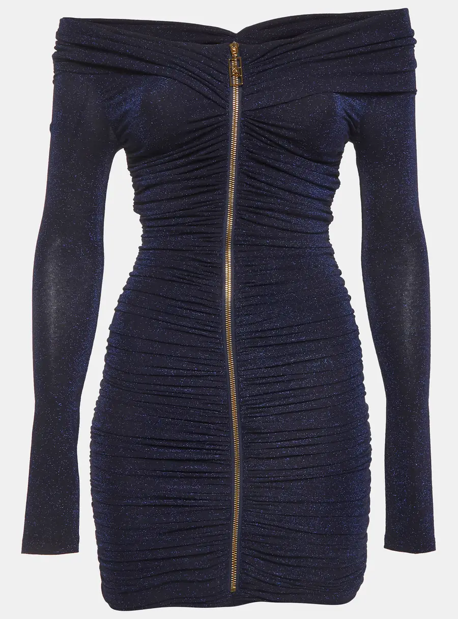 Elisabetta Franchi Blue Metallic Jersey Knit Cocktail Mini Dress S