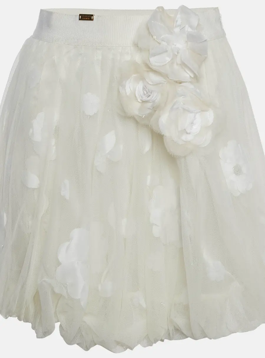 Elisabetta Franchi Off White Tulle Floral Applique Balloon Mini Skirt M