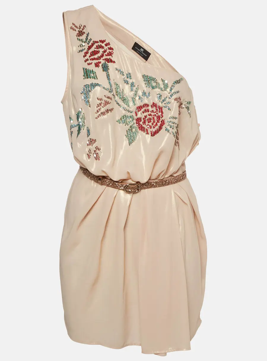 Elisabetta Franchi Metallic Floral Embellished Crepe One shoulder Mini Dress M