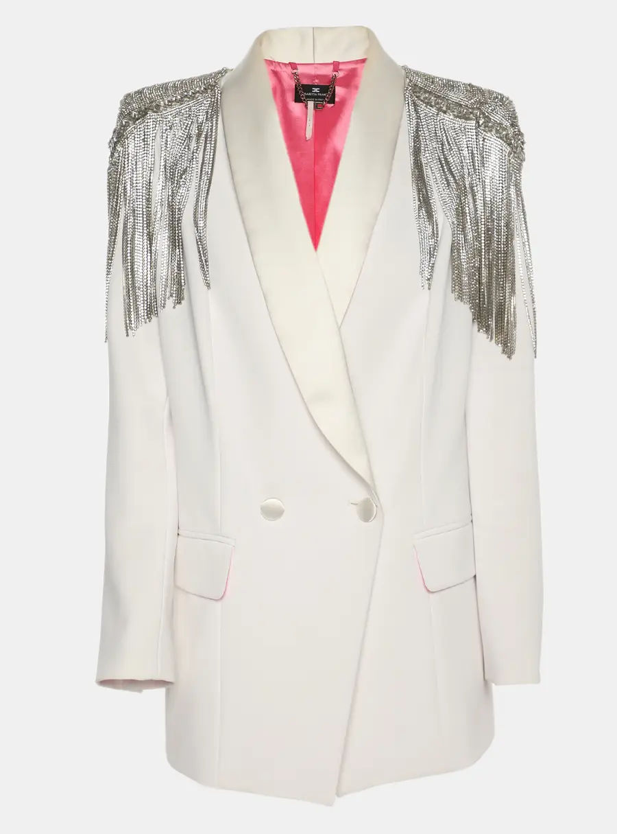 Elisabetta Franchi White Stretch Crepe Metal and Crystal Fringe Double Breasted Blazer S