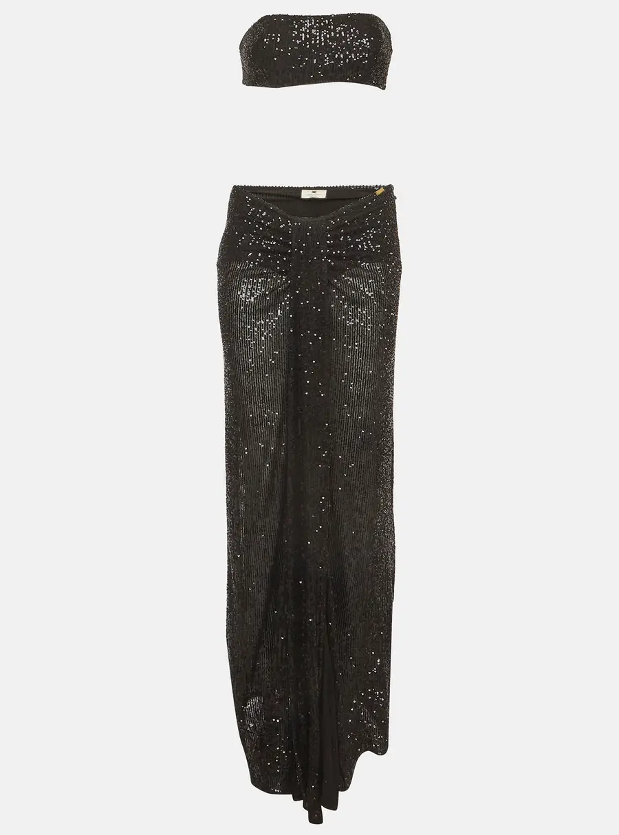 Elisabetta Franchi Black Sequins Bandeau Top and Draped Maxi Skirt Set M