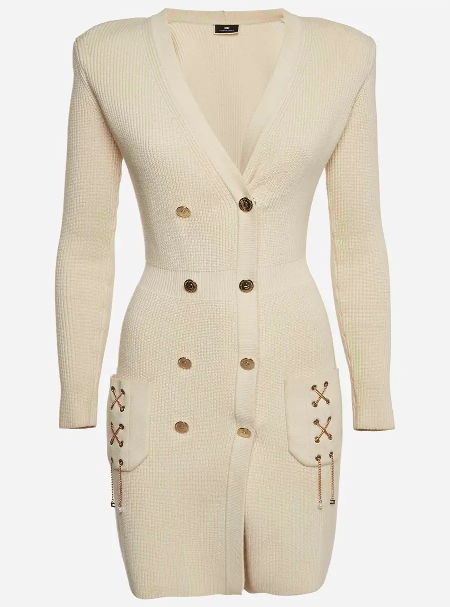 Elisabetta Franchi Beige Rib Knit Chain Detail Double Breasted Mini Dress S
