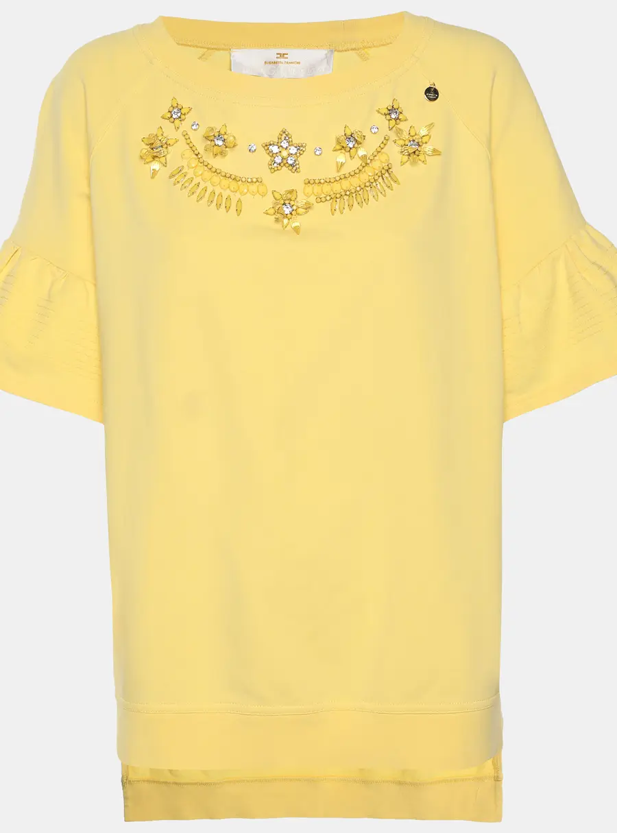 Elisabetta Franchi Yellow Stretch Cotton Jeweled Embellished Top M