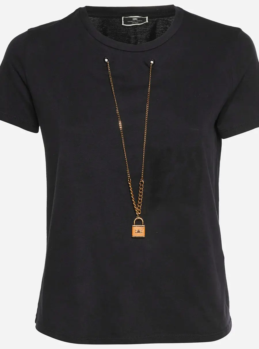 Elisabetta Franchi Black Cotton Knit Chain Detail T-Shirt S