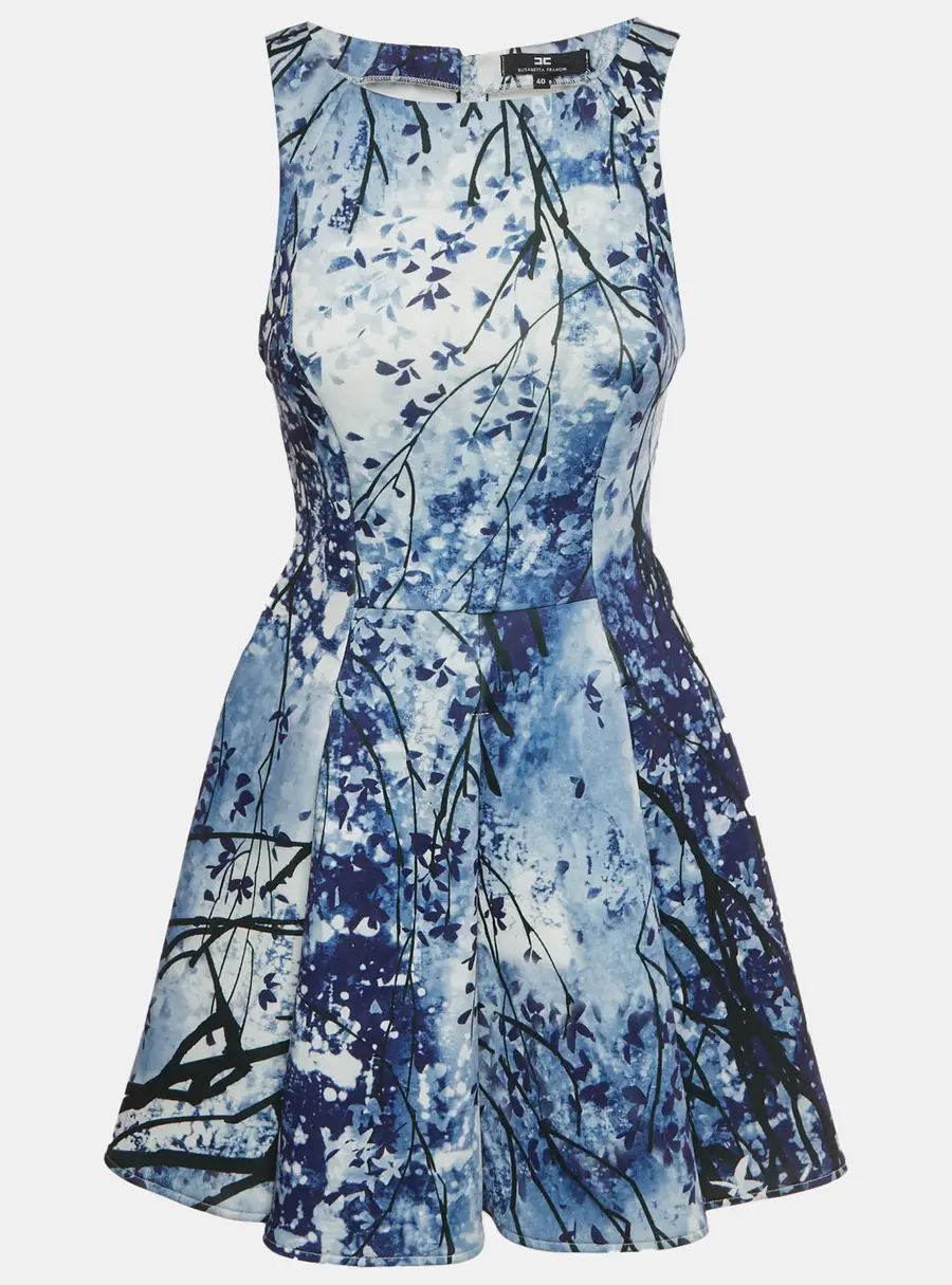 Elisabetta Franchi Blue Floral Print Neoprene Flared Mini Dress S