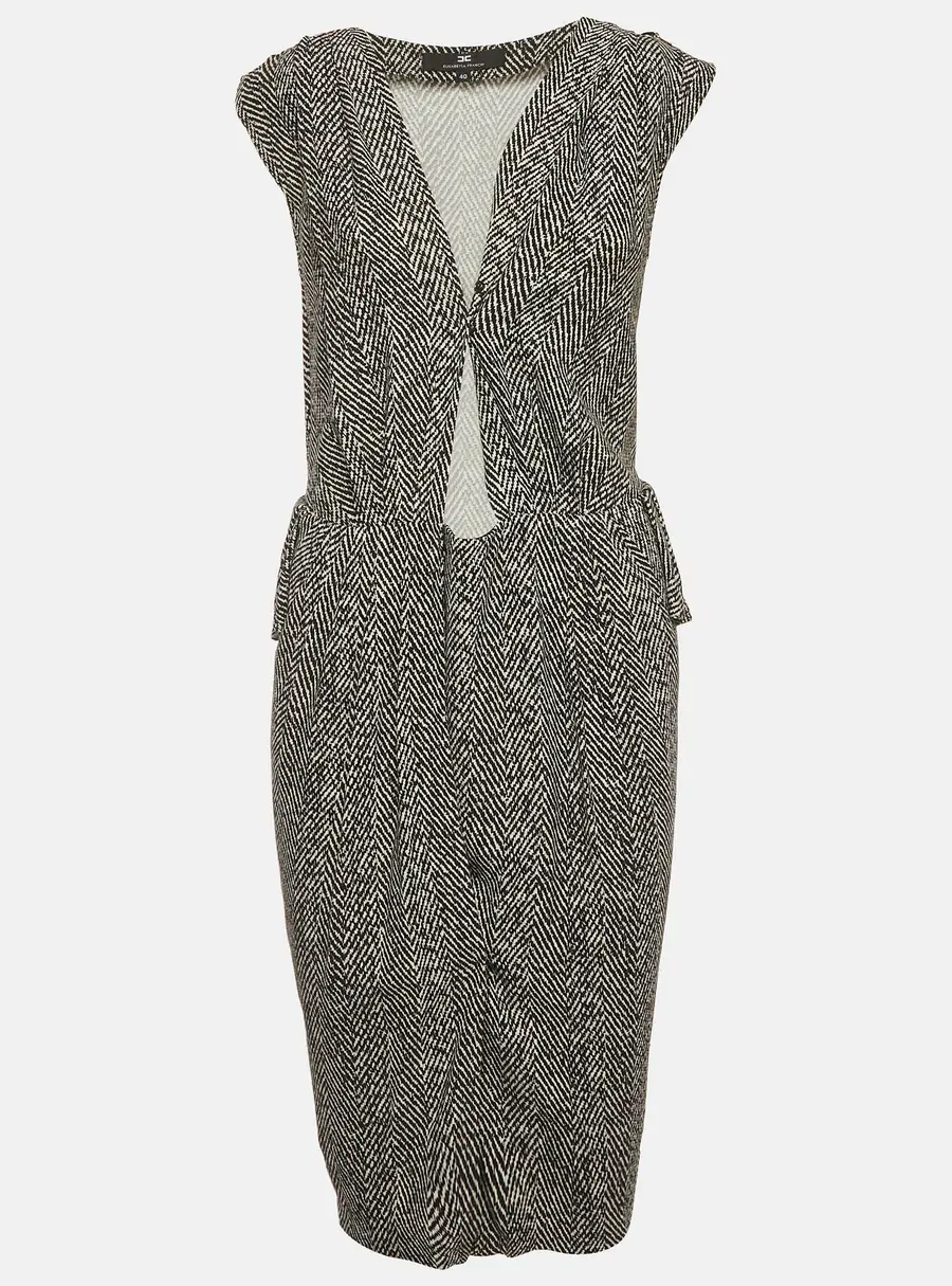 Elisabetta Franchi Black/White Herringbone Stretch Crepe Wrap Mini Dress S