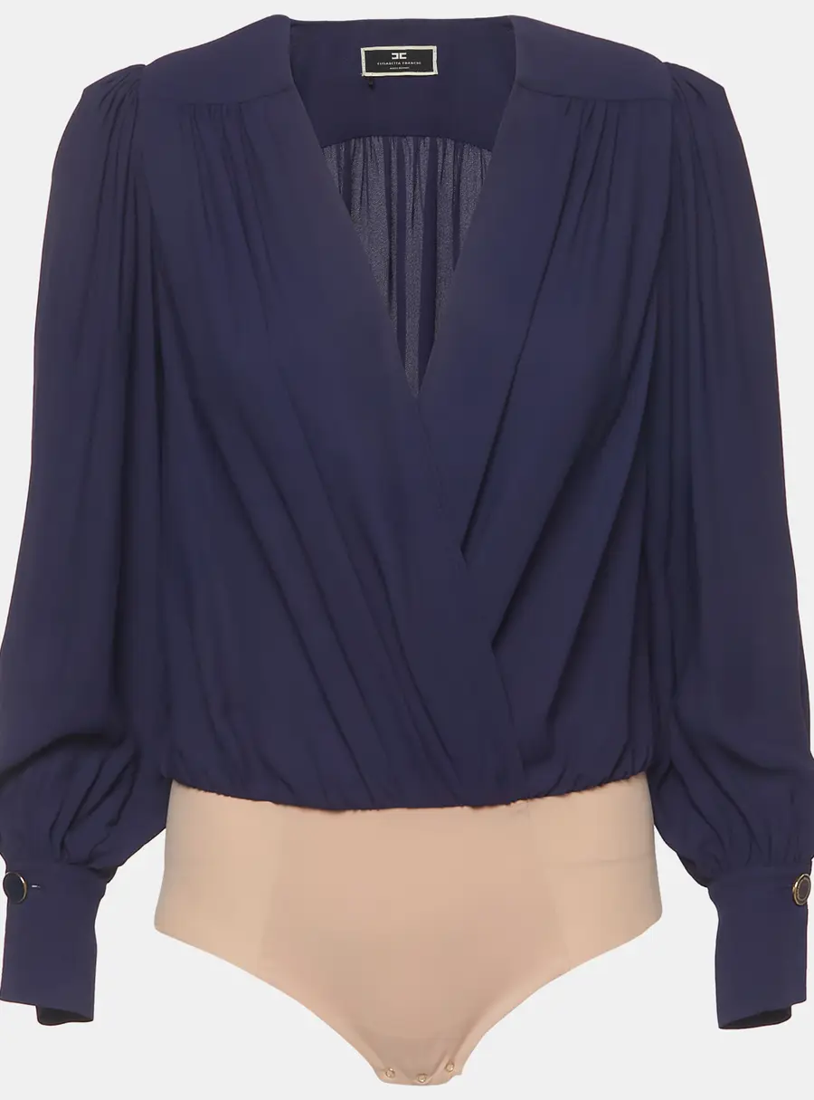 Elisabetta Franchi Navy Blue Crepe Draped Bodysuit Top M