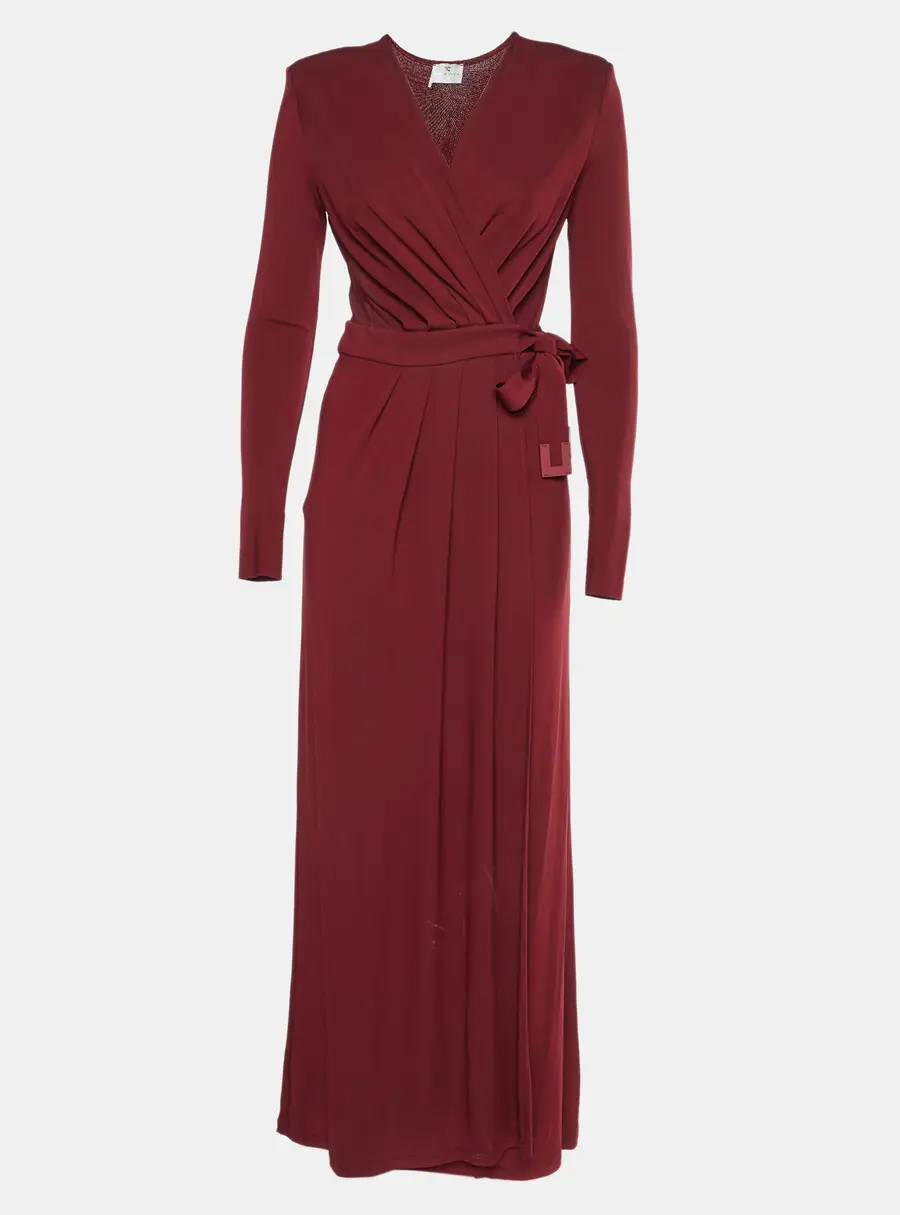 Elisabetta Franchi Burgundy Crepe Jersey Wrap Maxi Dress M