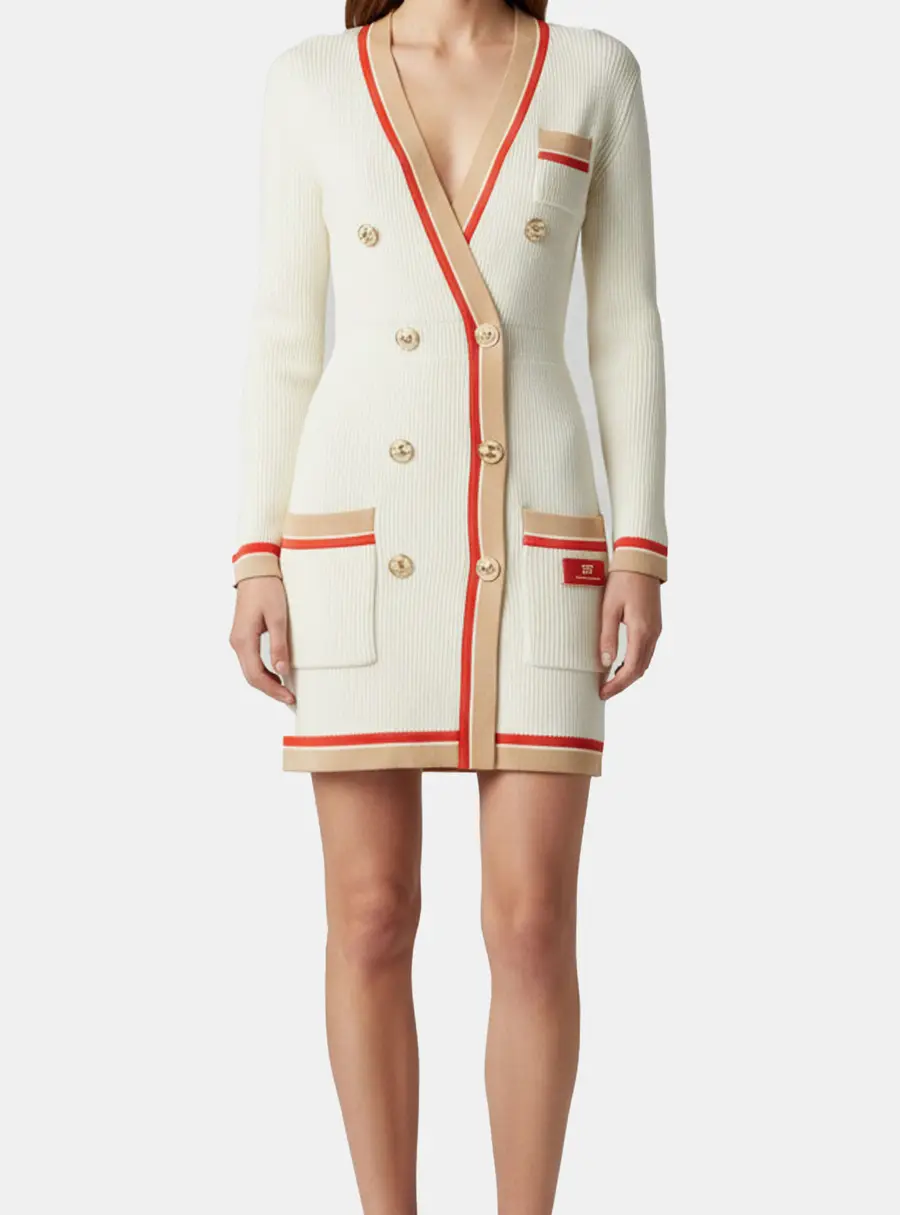 Elisabetta Franchi Cream Cotton Knit Long Sleeve Mini Dress S