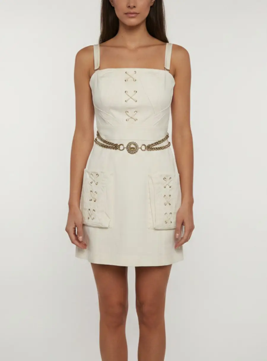 Elisabetta Franchi White Gabardine Chain Trim Mini Dress M