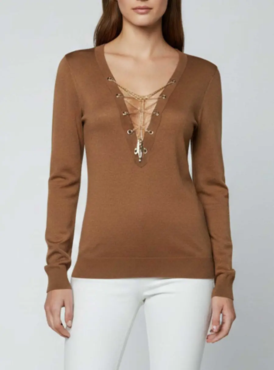 Elisabetta Franchi Brown Knit Chain Lace-Up Top M