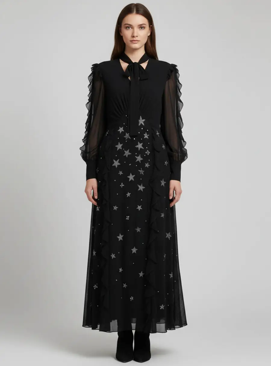 Elisabetta Franchi Black Crepe Crystal Embellished Ruffled Maxi Dress M