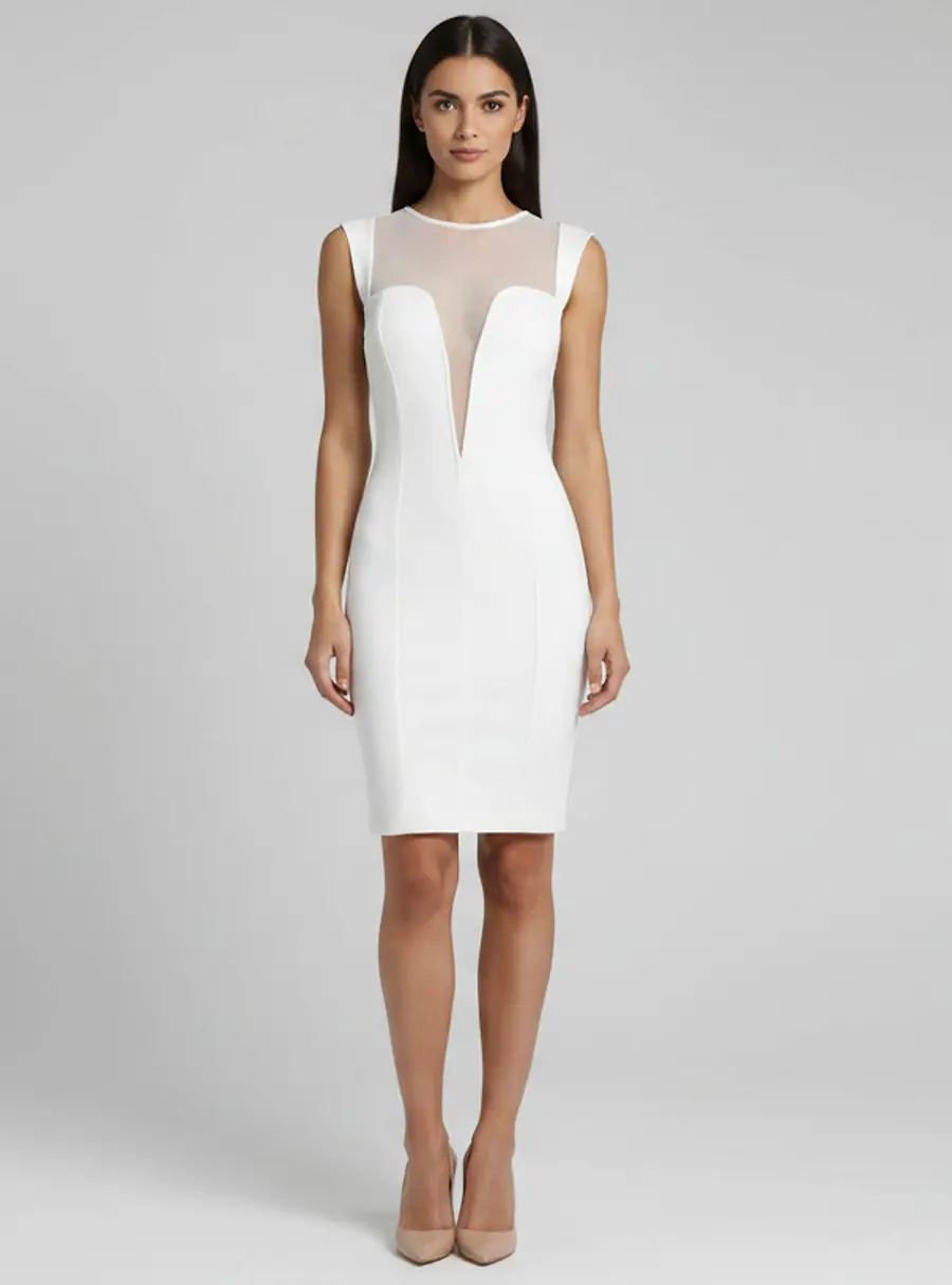 Elisabetta Franchi White Mesh and Knit Paneled Mini Dress S