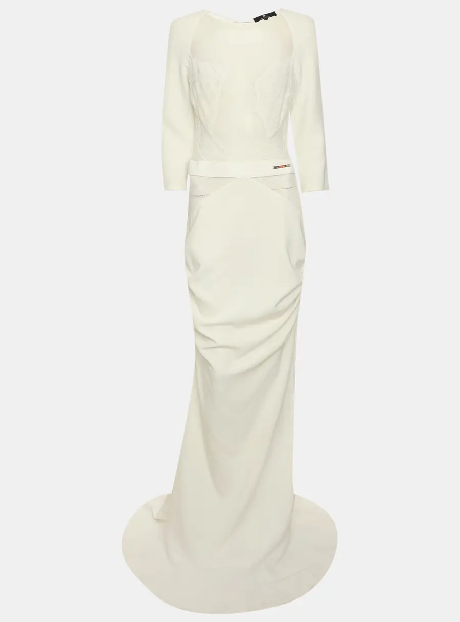 Elisabetta Franchi White Jersey and Mesh Lace Maxi Dress M