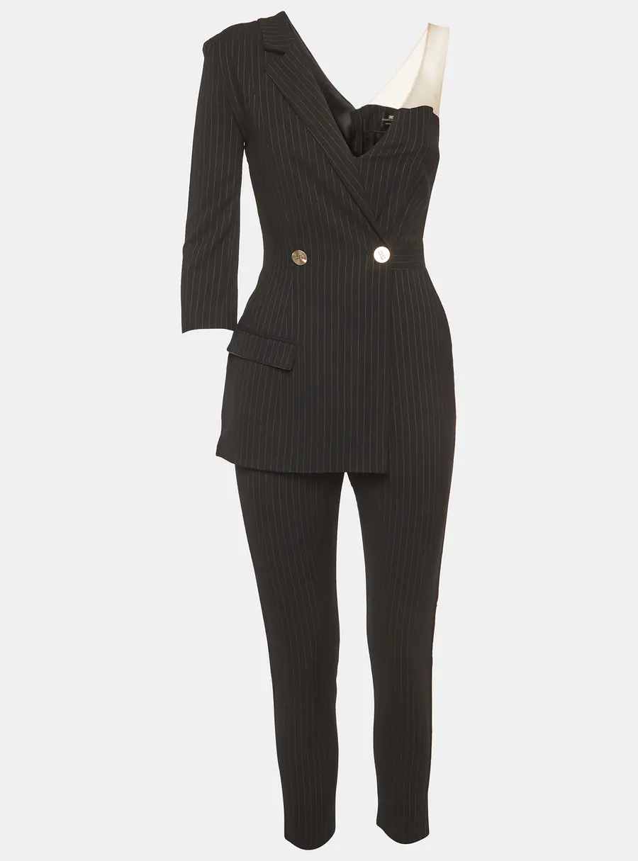 Elisabetta Franchi Black Pin Striped Wool Blend Asymmetric Jumpsuit S
