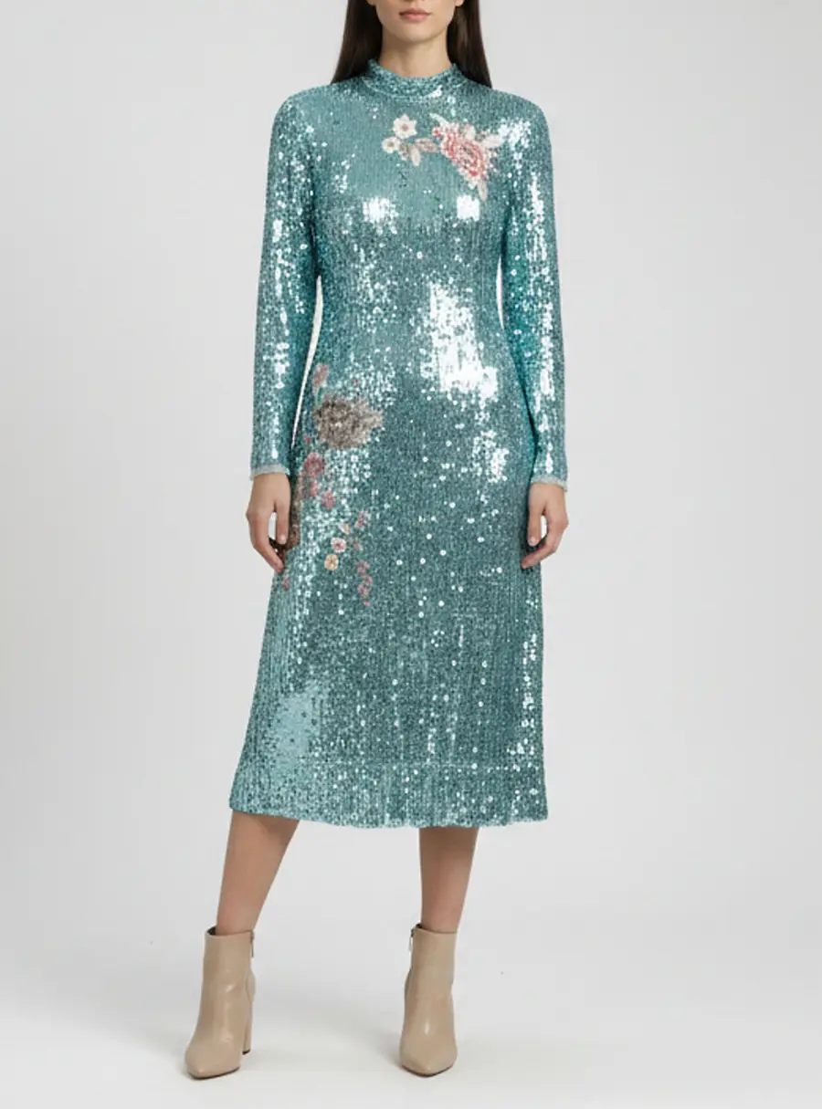 Elisabetta Franchi Turquoise Sequin and Mesh Floral Embroidered Midi Dress S