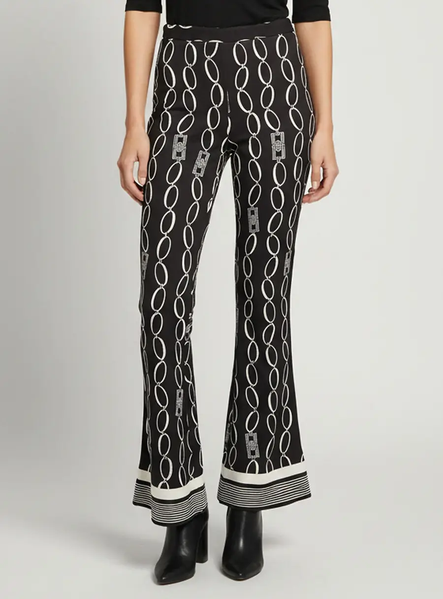Elisabetta Franchi Black Logo Chain Print Stretch Crepe Flared Pants M