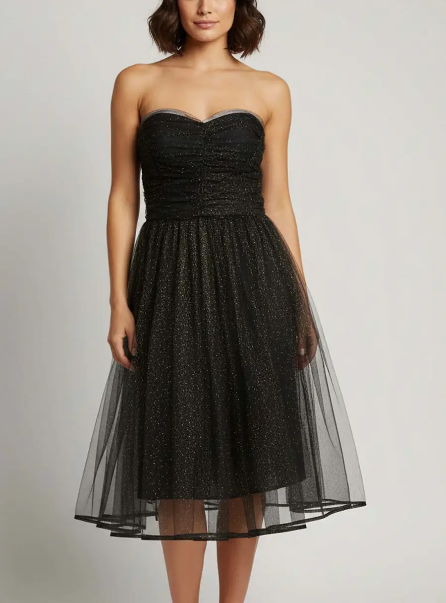 Elisabetta Franchi Black Glittered Tulle Ruched Fit-and-Flare Mini Dress M