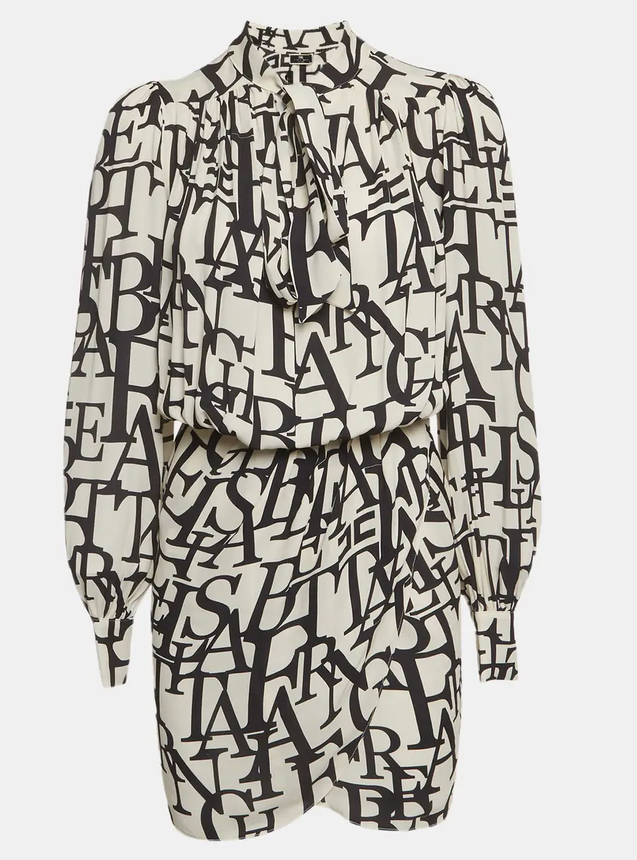 Elisabetta Franchi White Printed Crepe Long Sleeve Dress S