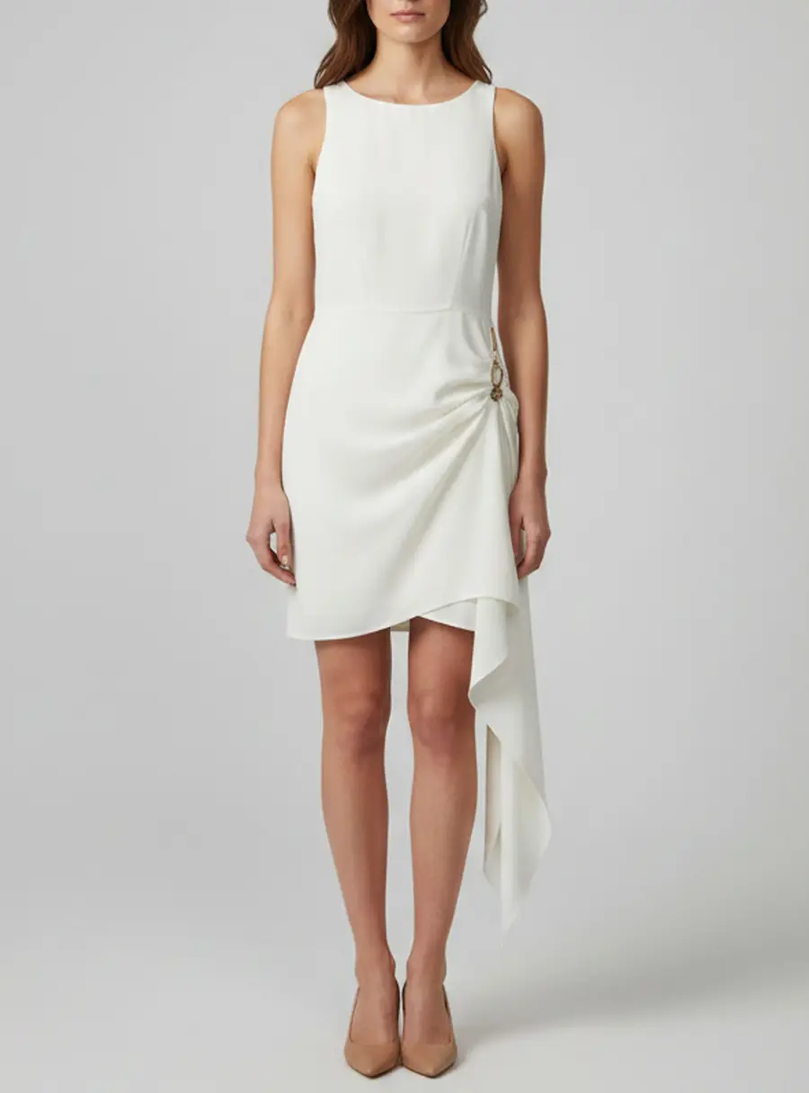 Elisabetta Franchi Cream Crepe Asymmetrical Draped Mini Dress S