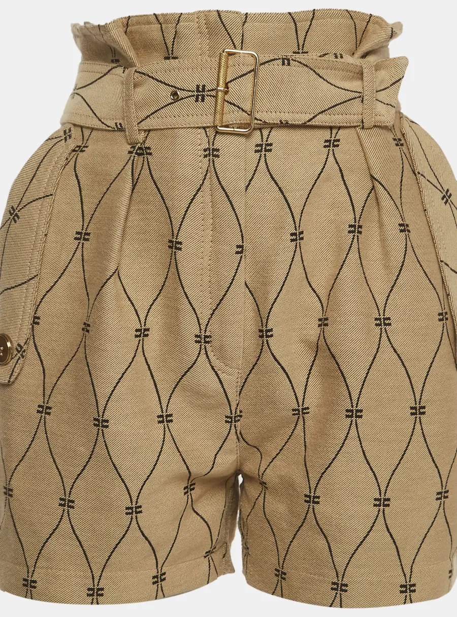 Elisabetta Franchi Beige Monogram Jacquard Belted Shorts S