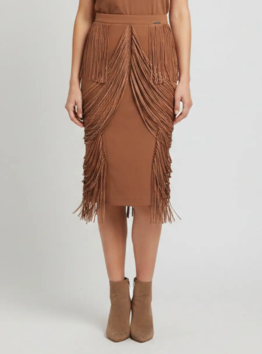 Elisabetta Franchi Brown Knit Leather Fringed Midi Skirt M