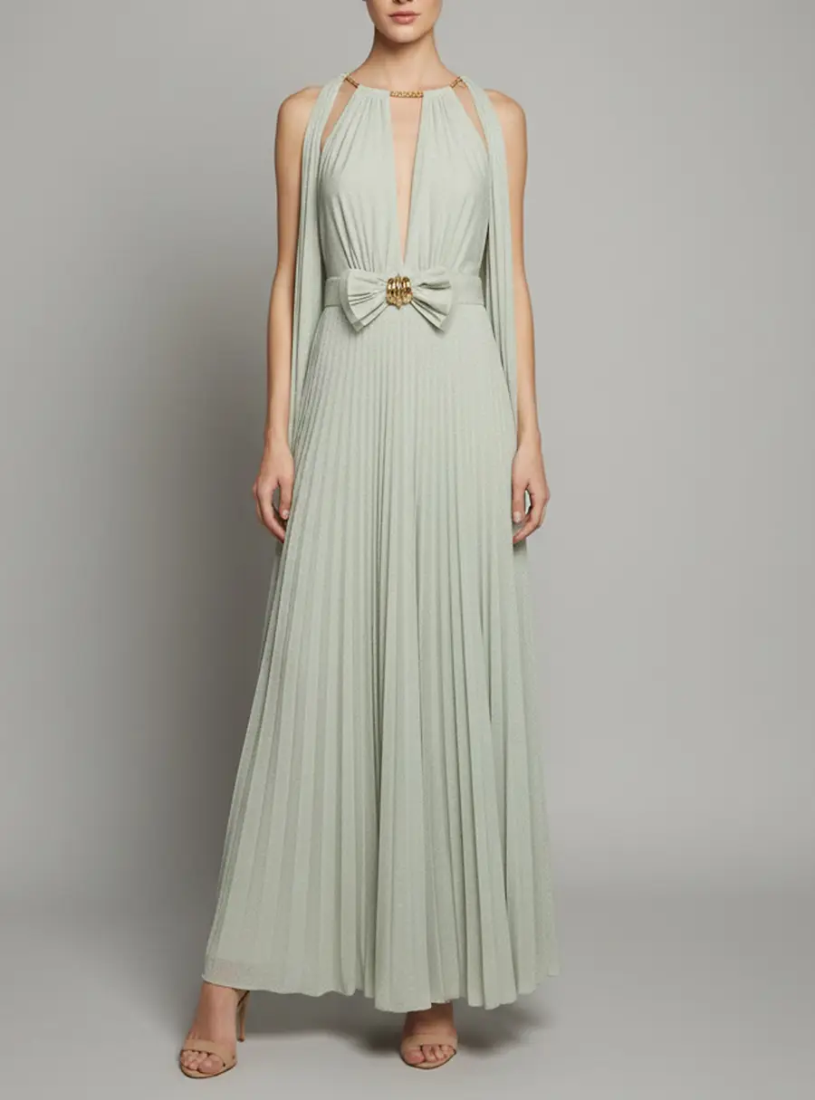 Elisabetta Franchi Pastel Green Lurex Jersey Plunge Neck Plisse Maxi Dress L