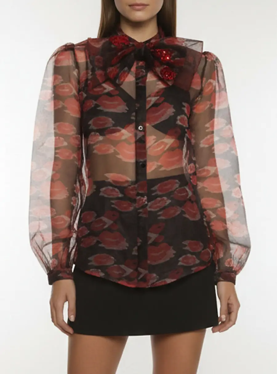Elisabetta Franchi Black Printed Organza Sheer Button Front L