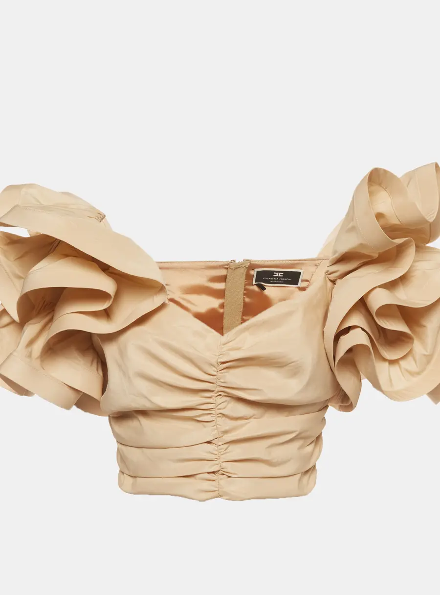 Elisabetta Franchi Beige Gabardine Ruffle Crop Top M