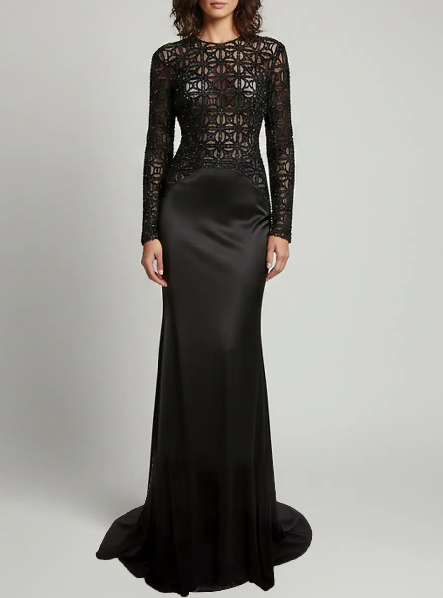 Elisabetta Franchi Black Embellished Flock Tulle & Jersey Evening Gown S