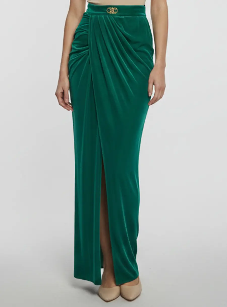 Elisabetta Franchi Green Velvet Draped Maxi Skirt S