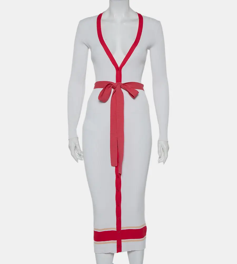 Elisabetta Franchi White Rib Knit Contrast Detail Belted Button Front Dress M