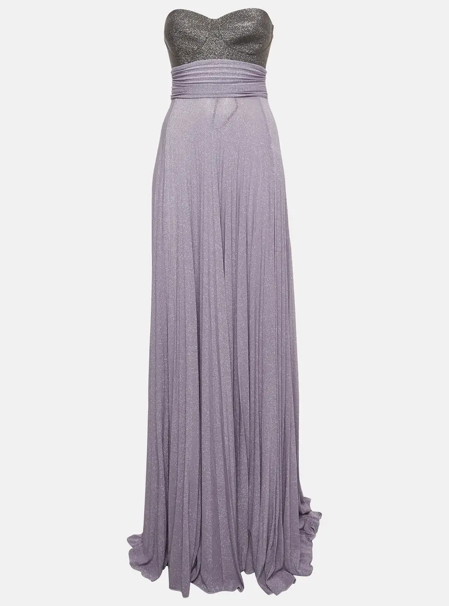Elisabetta Franchi Purple/Grey Lurex Jersey Strapless Maxi Dress S